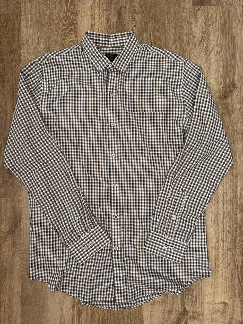 Van Heusen Men's Brown, Grey and White Check Button-Down Shirt, Size 15-15 1/2